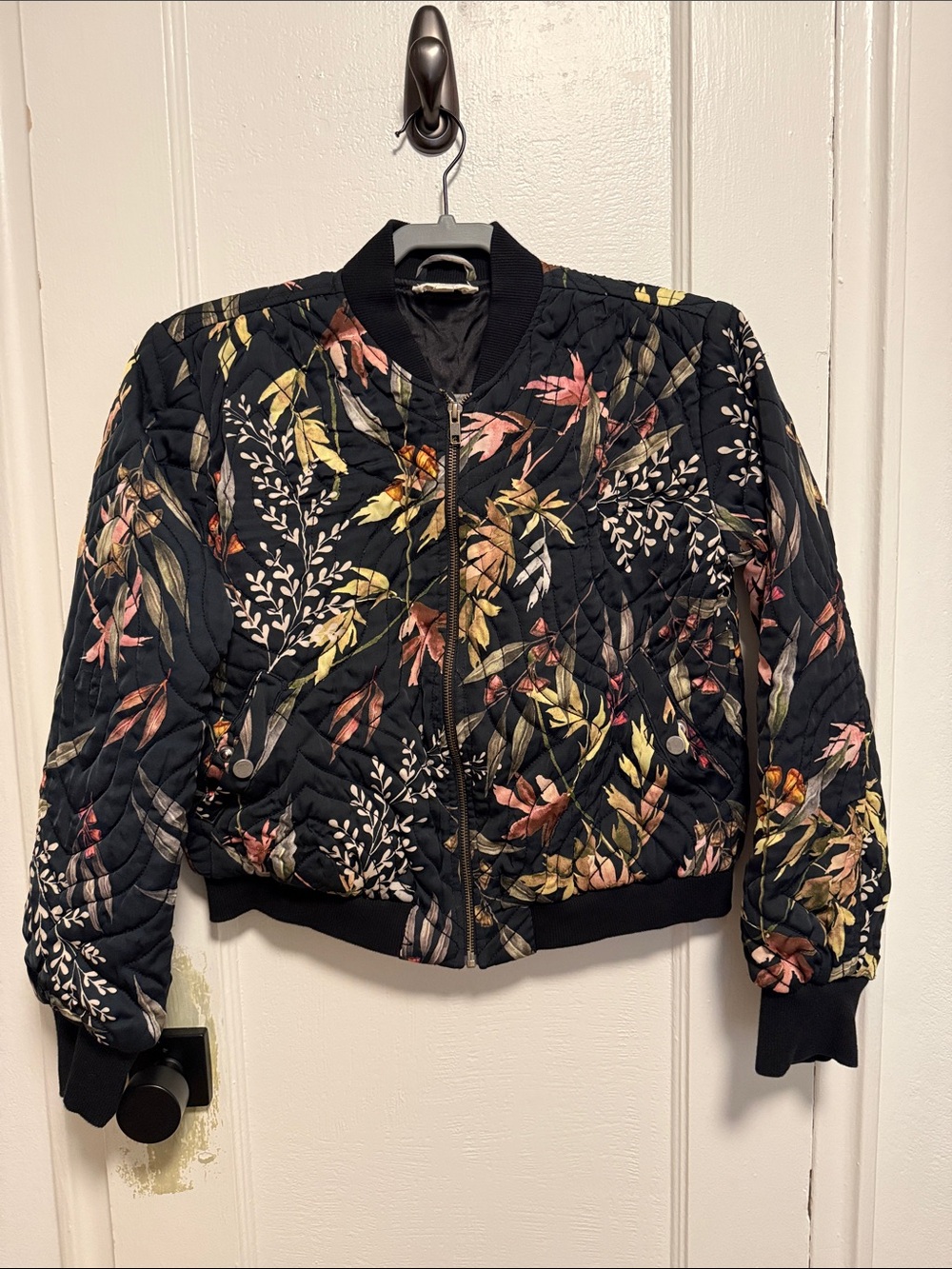 Elan Black Quilted Floral Bomber Jacket